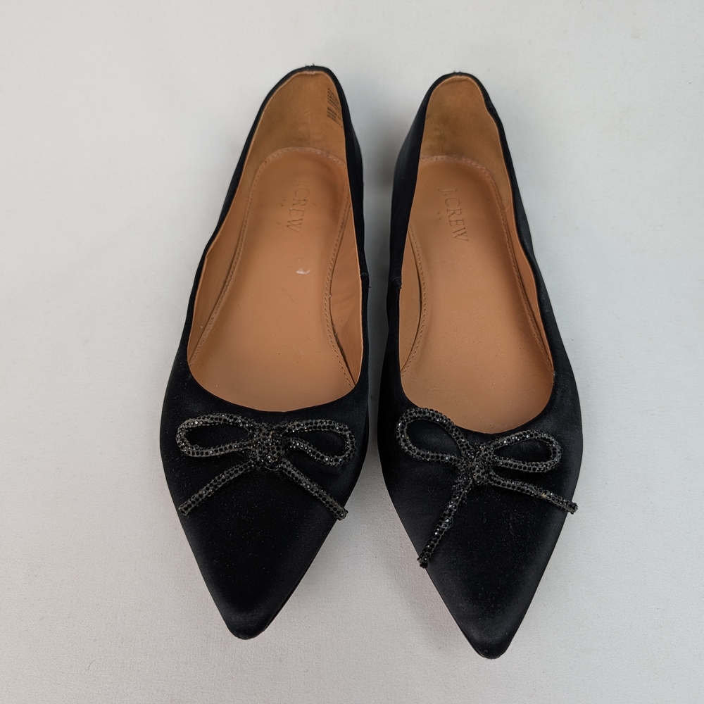 J. Crew Black Satin Pointed Toe Bow Flats - Picture 3 of 13
